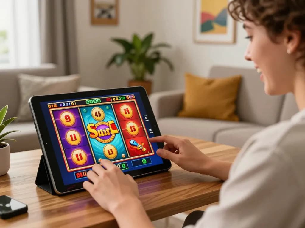 Engaging in bk8 online slot gaming on a tablet, showcasing colorful reels and a cozy atmosphere.