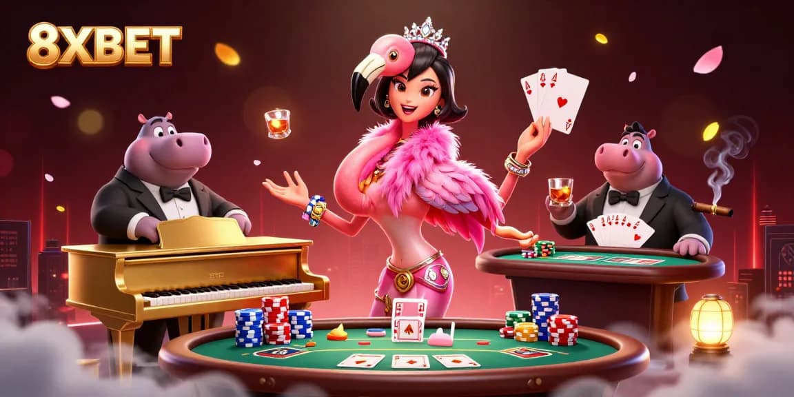 Experience the excitement of gaming with 8XBET through vibrant 3D casino art featuring lively characters.