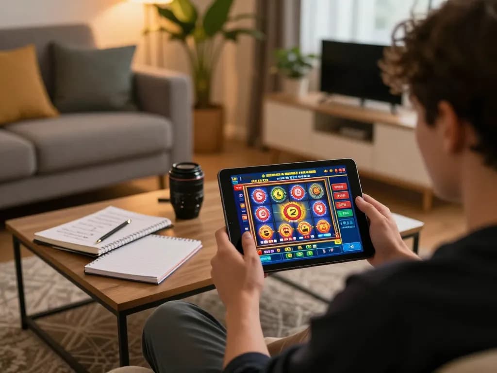 Engaging with slot games on tablet in cozy home setting.