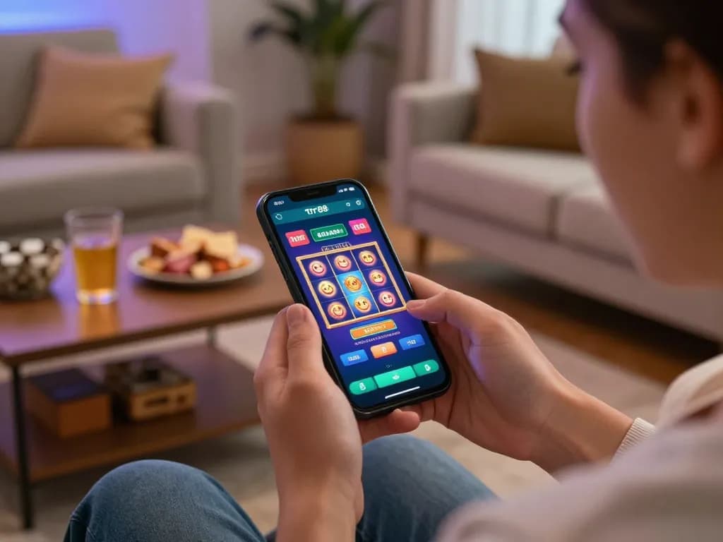 Engage in online gaming with đăng nhập ttr88 on a smartphone in a cozy setting.