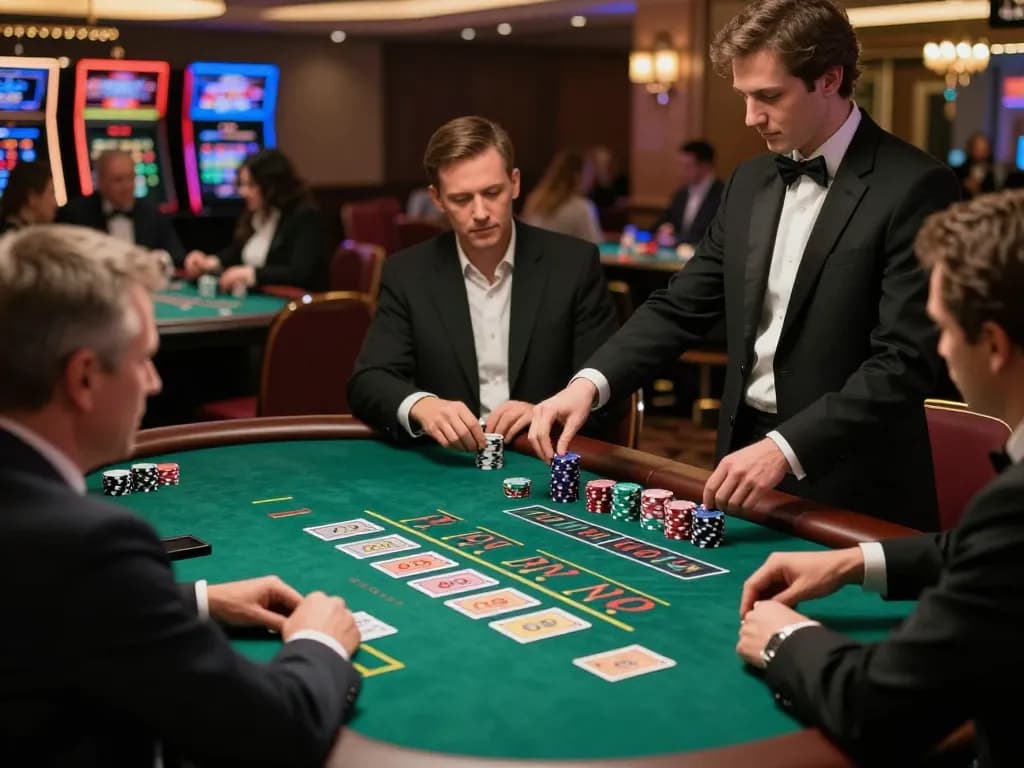 Players strategizing at a fabet blackjack table, showcasing high stakes in an upscale casino