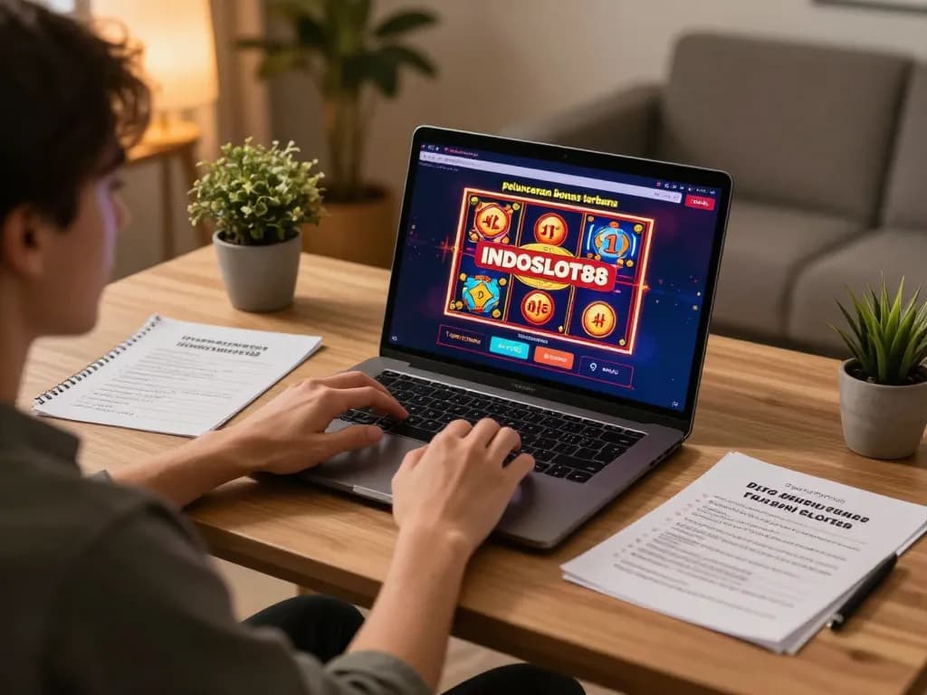 Engaging with the peluncuran bonus terbaru INDOSLOT88 on a laptop, showing vibrant slot graphics.