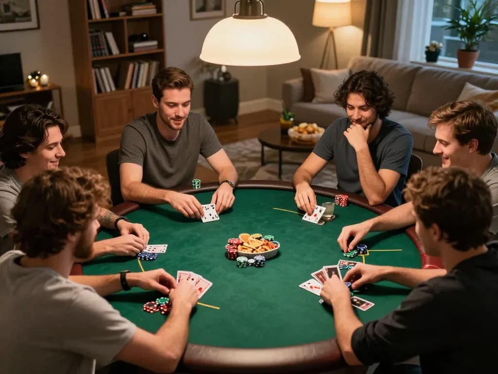 Engaged players enjoying a Texas Hold'em game at home while playing 988slot online, lively atmosphere.