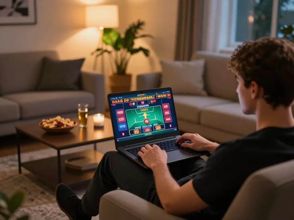 Engaging in gameplay at Canada online casinos from a cozy home setup with vibrant graphics.