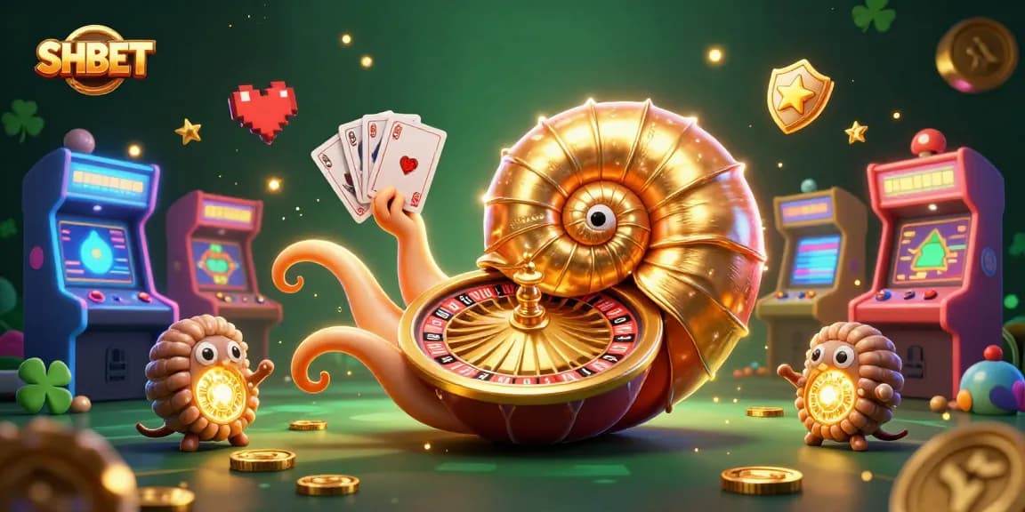 Experience the thrill of SHBET with a 3D illustration of a nautilus roulette wheel and glowing cards.