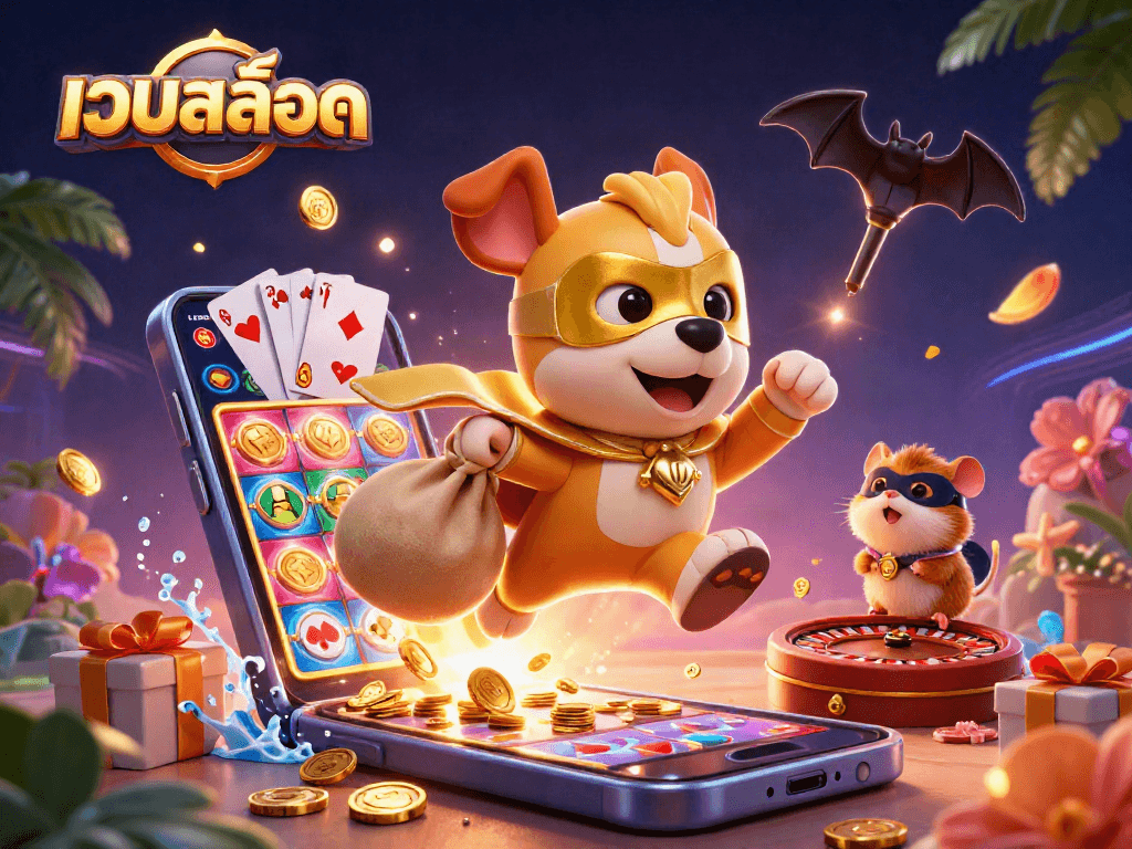 Spin the reels with เว็บสล็อต as a superhero dog and hamster fly through a vibrant casino scene.