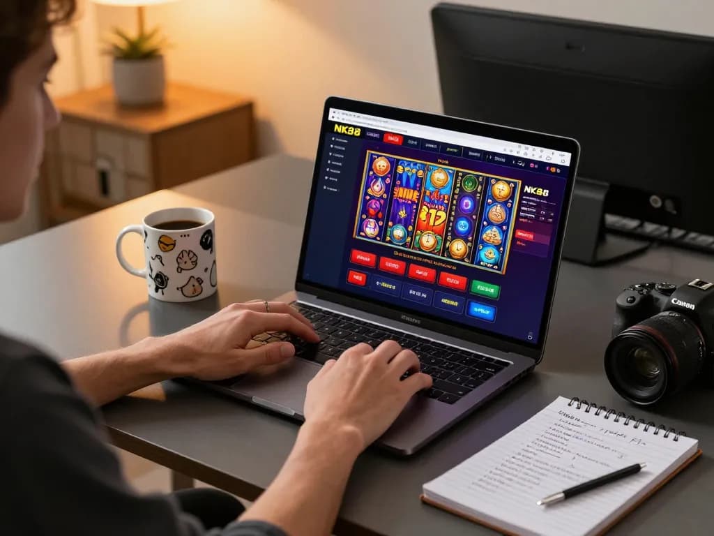 Engage in NK88 online casino gaming with a laptop showcasing colorful games and strategic notes.