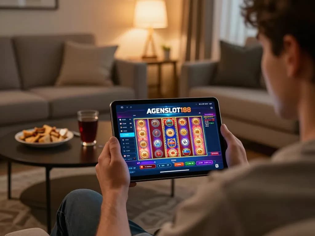 Player enjoying AGENSLOT188 online slots on a tablet in a cozy setting