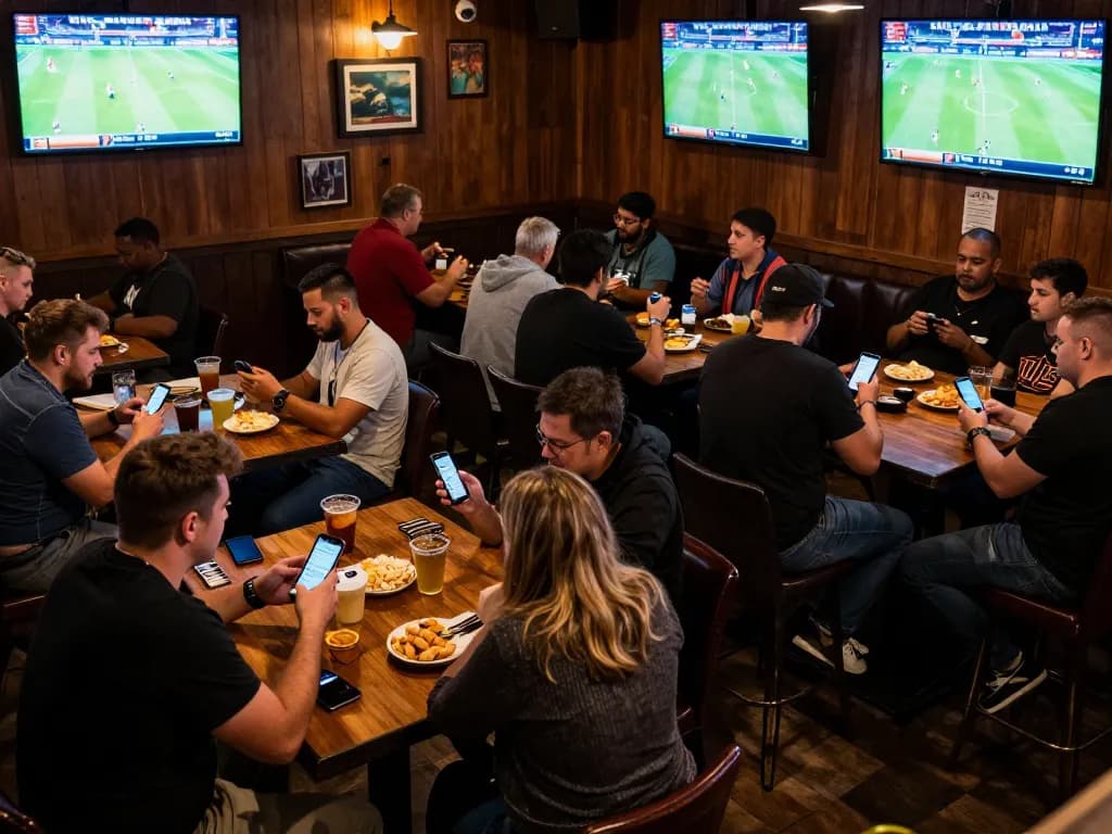 Soi kèo nhà cái as patrons energetically strategize their bets in a lively sports bar.