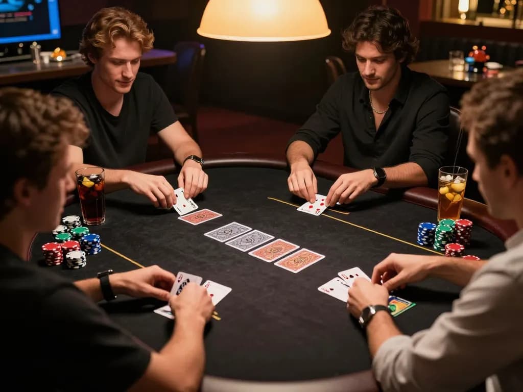 Players engaged in a thrilling poker game at NK88 chính thức, showcasing chips and cards in a vibrant gaming atmosphere.