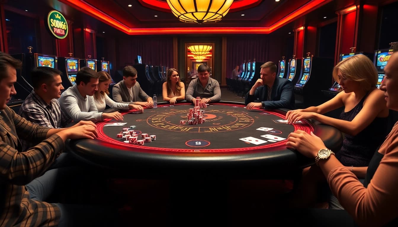 Gamblers enjoying a thrilling game at the SODO66 casino table with vibrant poker chips and cards.