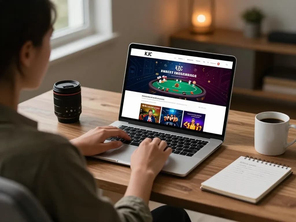 KJC player studying betting strategies on a laptop in a stylish home office.