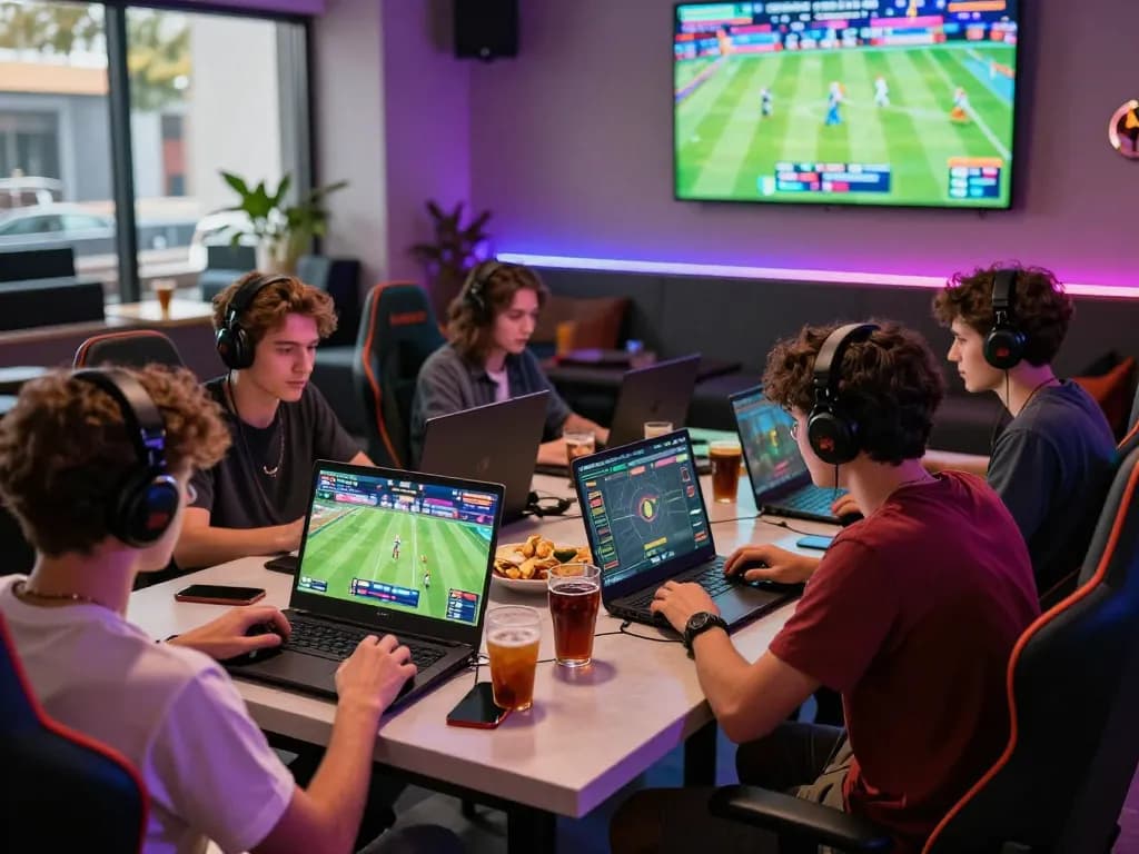 Online gaming experience at https://sc88e.com/, friends betting on mobile devices in a vibrant digital lounge.