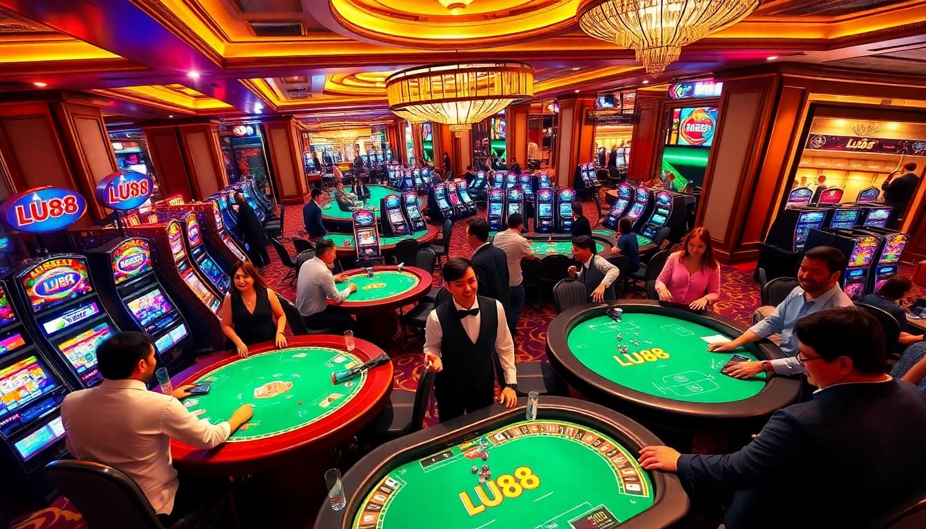 Engaged players at LU88 casino table enjoying high-stakes poker and roulette.