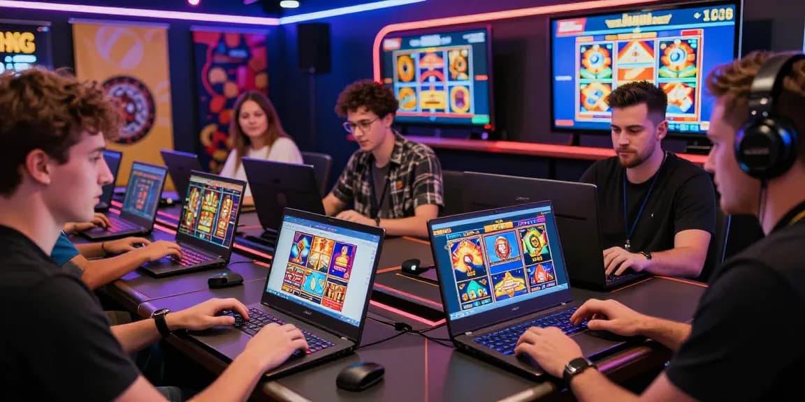 Exciting online gaming scene showcasing players enjoying new UK slot sites on laptops.