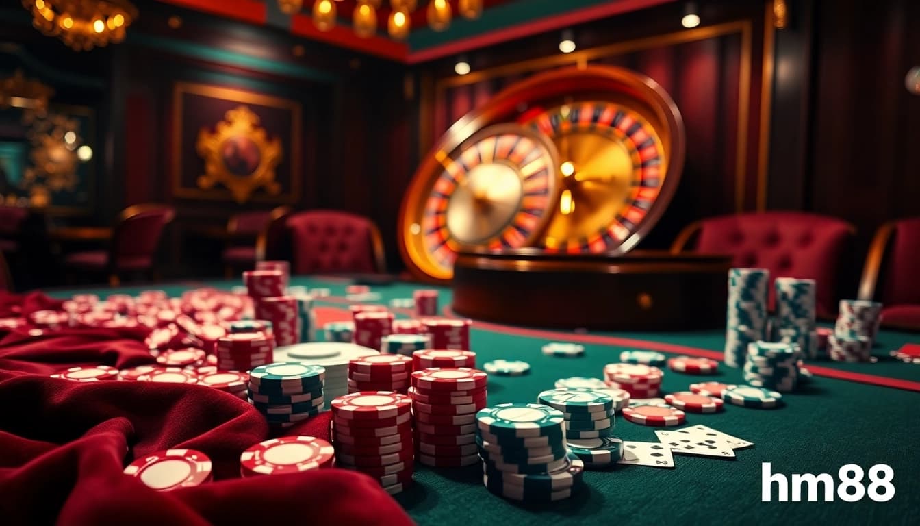 Engaging casino gameplay featuring hm88 poker table with vibrant poker chips and cards.