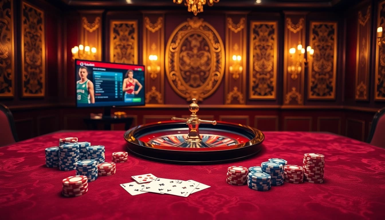 A dynamic Agen Judi Bola scene with casino tables, poker chips, and a roulette wheel, showcasing excitement in betting.