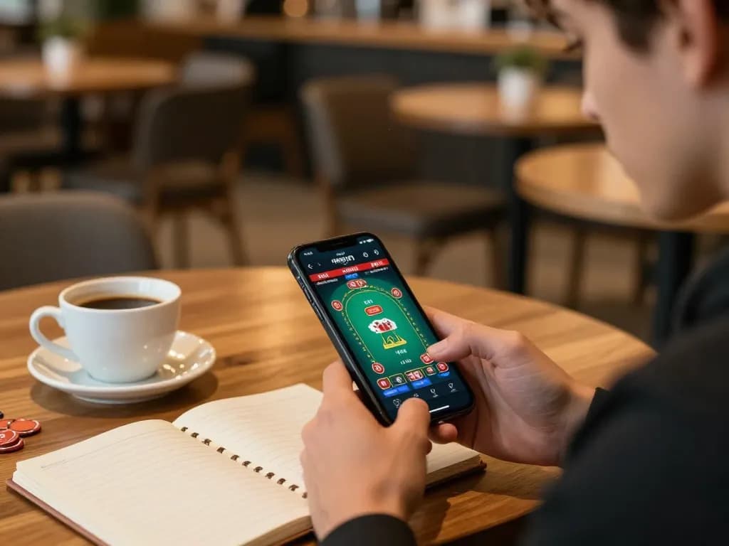 Player using smartphone for 789f đăng nhập in a cozy cafe while studying betting strategies.