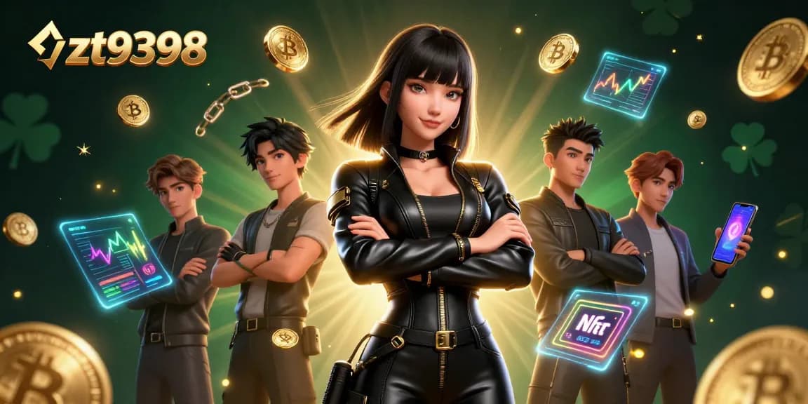 Engage with zt9398's thrilling casino experience featuring a stylish Asian gaming expert surrounded by crypto graphics.