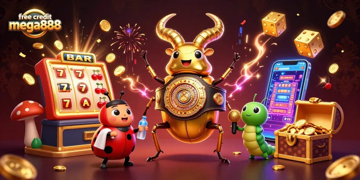 Win big with free credit mega888 in this vibrant casino-themed illustration.