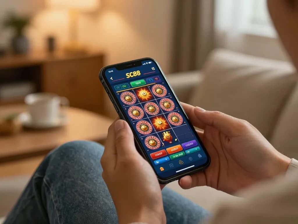 Engaging with SC88 casino app on mobile in a cozy living room while enjoying a casual gaming experience.