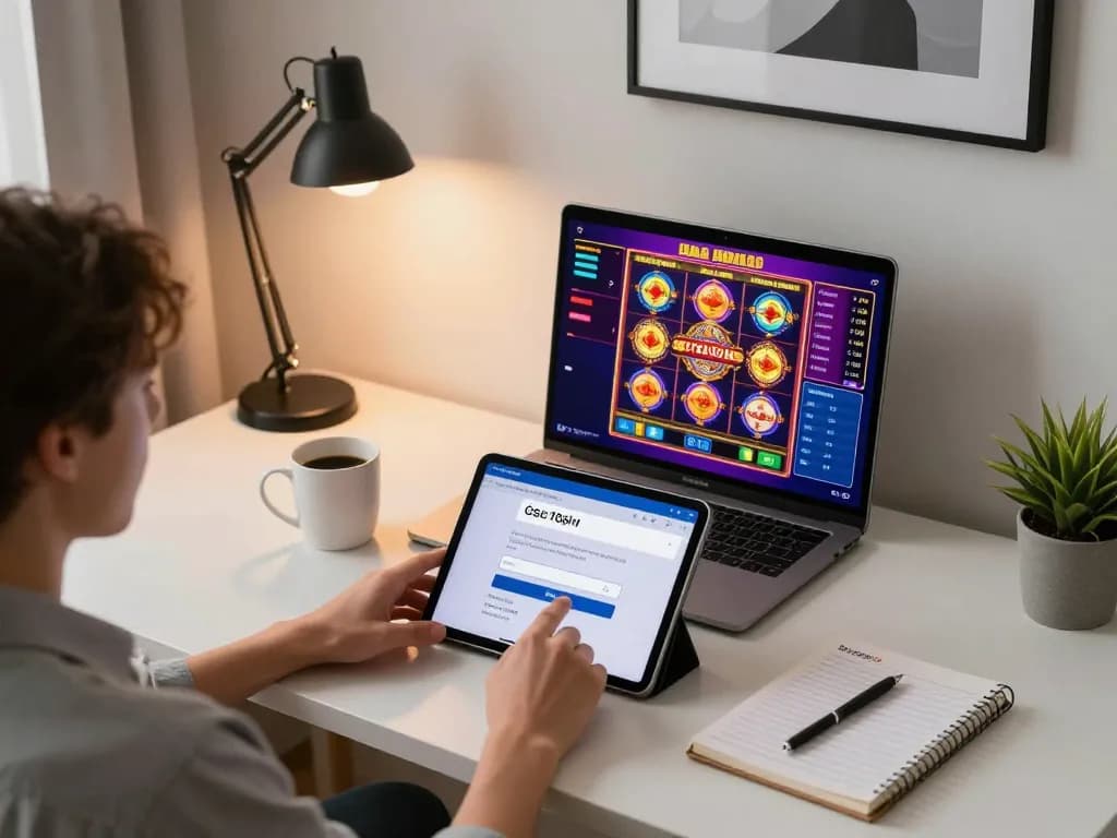 Terlibat dalam permainan online dengan Gsc108 Login di tablet dalam pengaturan kantor modern di rumah