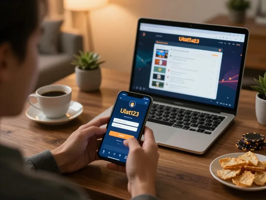 Pemain menikmati Ulat123 login di smartphone sambil terlibat dalam permainan kasino online yang strategis di rumah