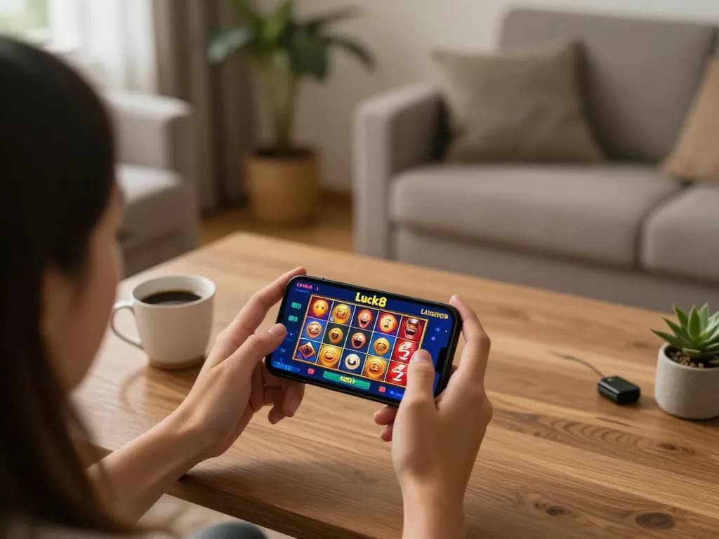 Player enjoying exciting gameplay on the Luck8 casino app in a cozy home environment.