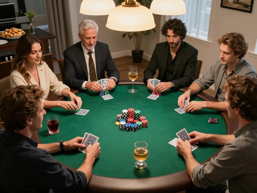Players enjoying a strategic poker game at home, with engaging moments captured, featuring lc88 themed ambiance.