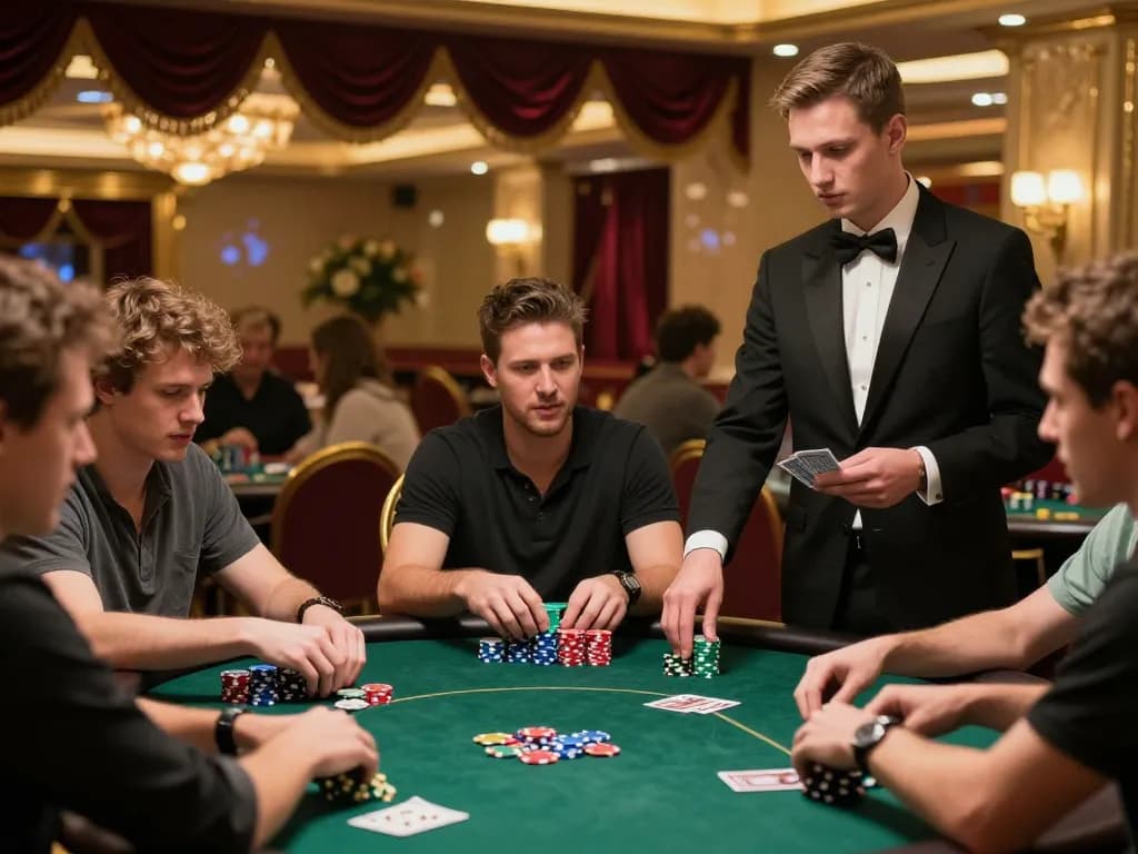 RR88 poker game in an upscale casino with players focused on their cards and stacks of chips.