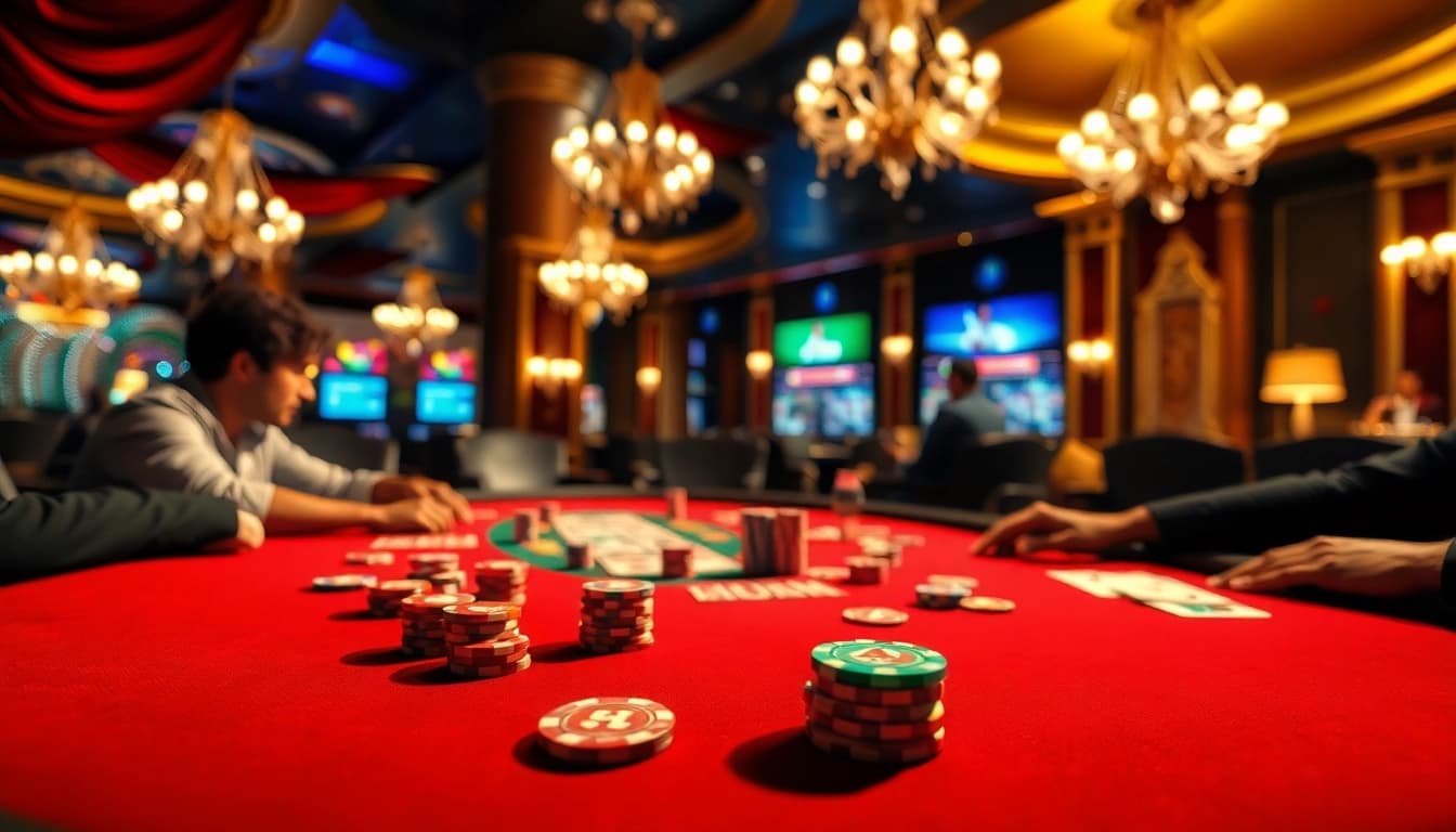 Experience the excitement of a vibrant singapore online casino poker game setup with engaged players and luxurious decor.