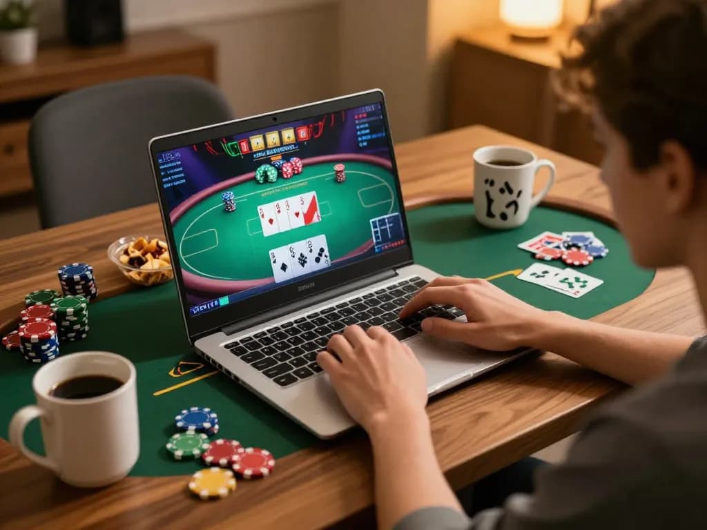 Engaging in online gaming with tr88 poker setup displaying cards and chips.