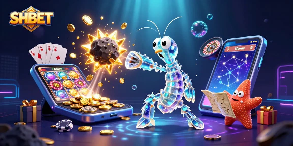 Experience SHBET's vibrant gaming world with 3D characters blasting through an asteroid of riches.