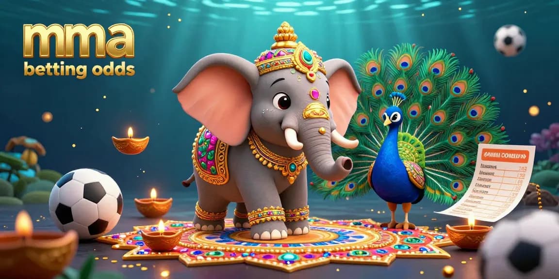 MMA betting odds illustrated with a vibrant scene featuring a colorful elephant and peacock among betting elements.