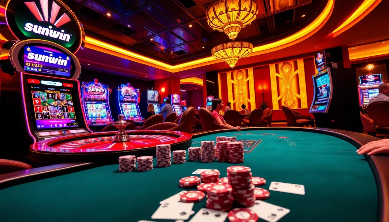 Experience high-stakes poker at sunwin casino with vibrant chips and modern gaming ambiance.