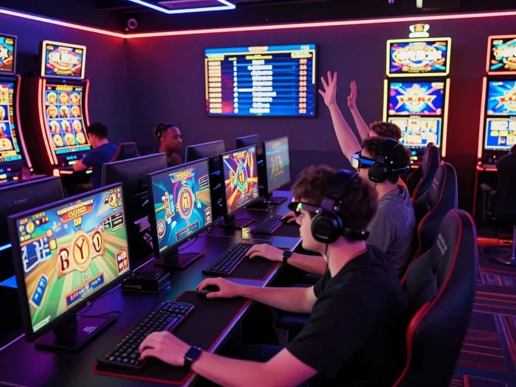 Dynamic scene of players at NK88 engaging in exciting gaming activities, showcasing the thrill of online gaming.