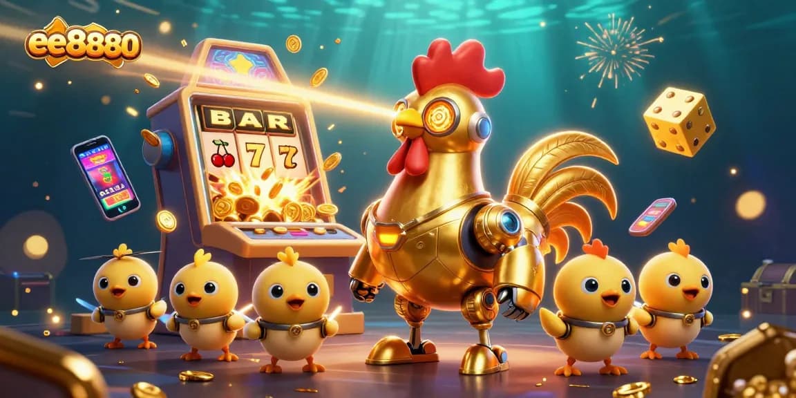 Experience the excitement of ee8880 with golden jackpot wins and dynamic casino elements in this animated scene.