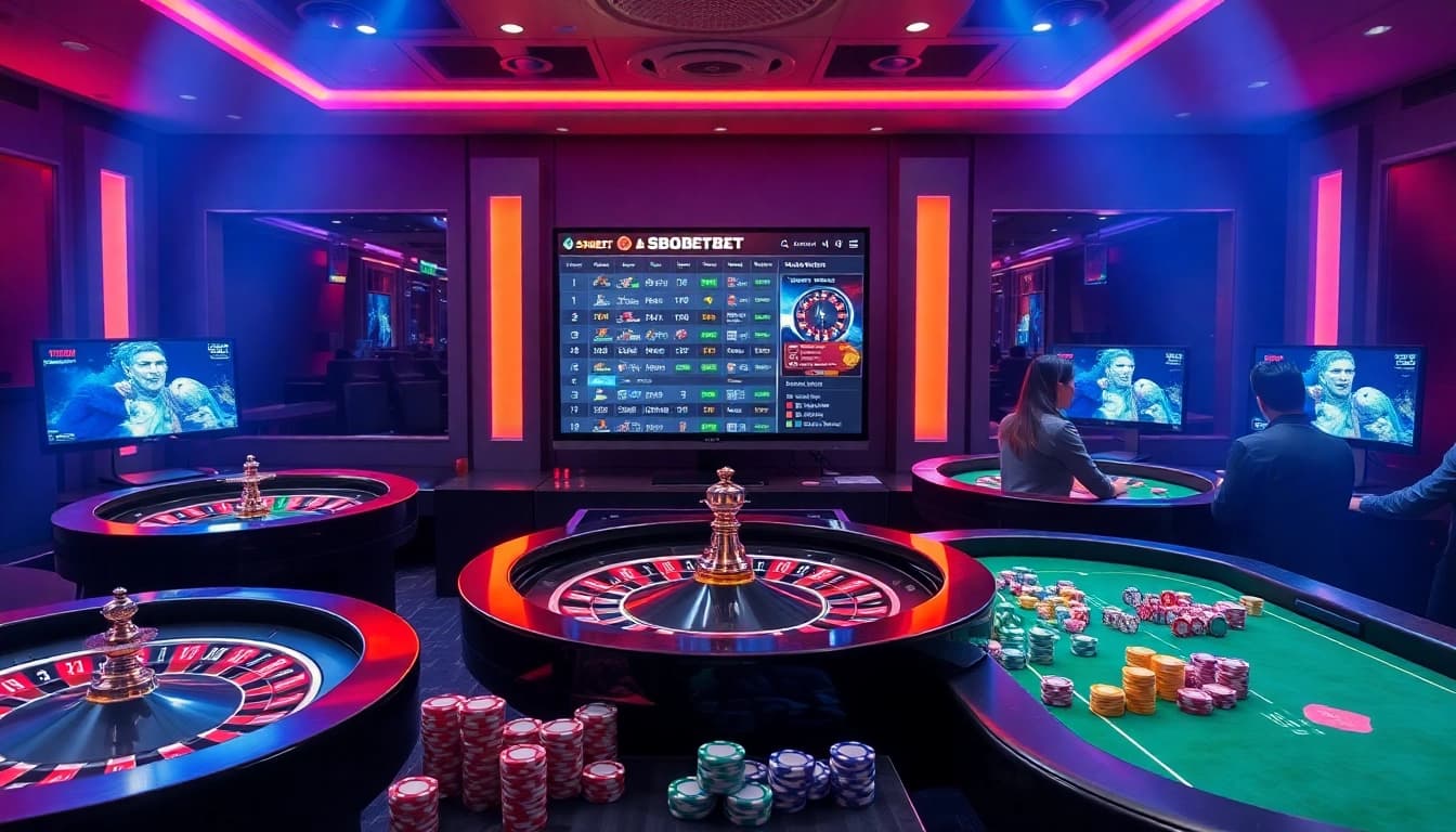 Engaging in online betting with the SBOBET link while surrounded by vibrant casino elements.