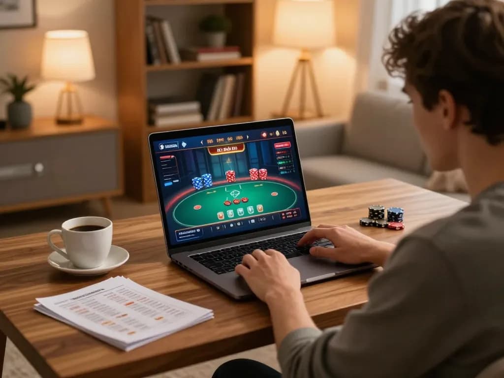 Engaging online gaming scene of 7meter Link Alternatif in action during a cozy home setup with vibrant poker gameplay.