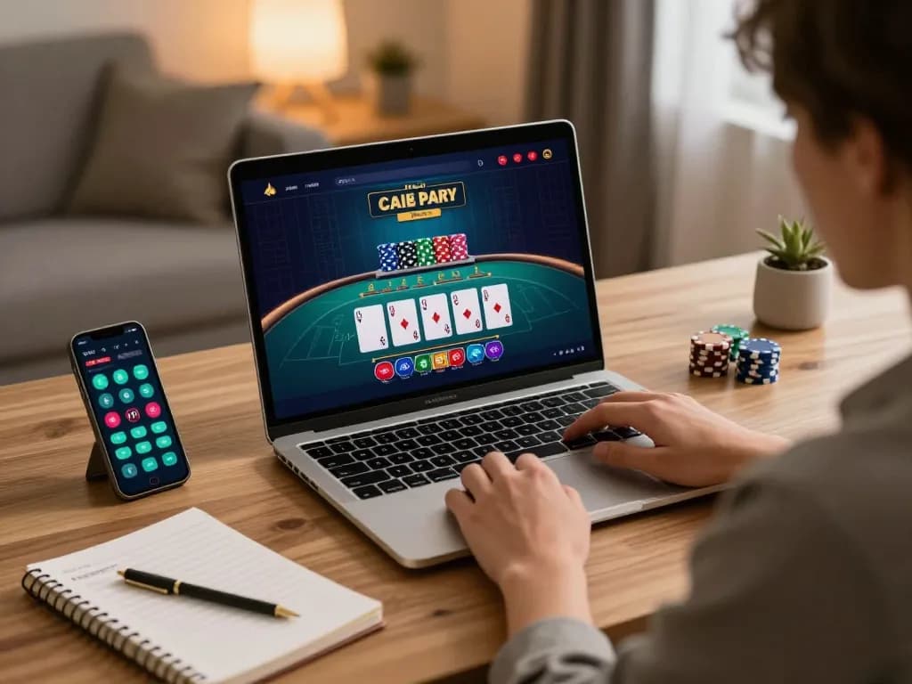 Engage with sun win gameplay on a laptop while tracking strategies in a cozy home setting.