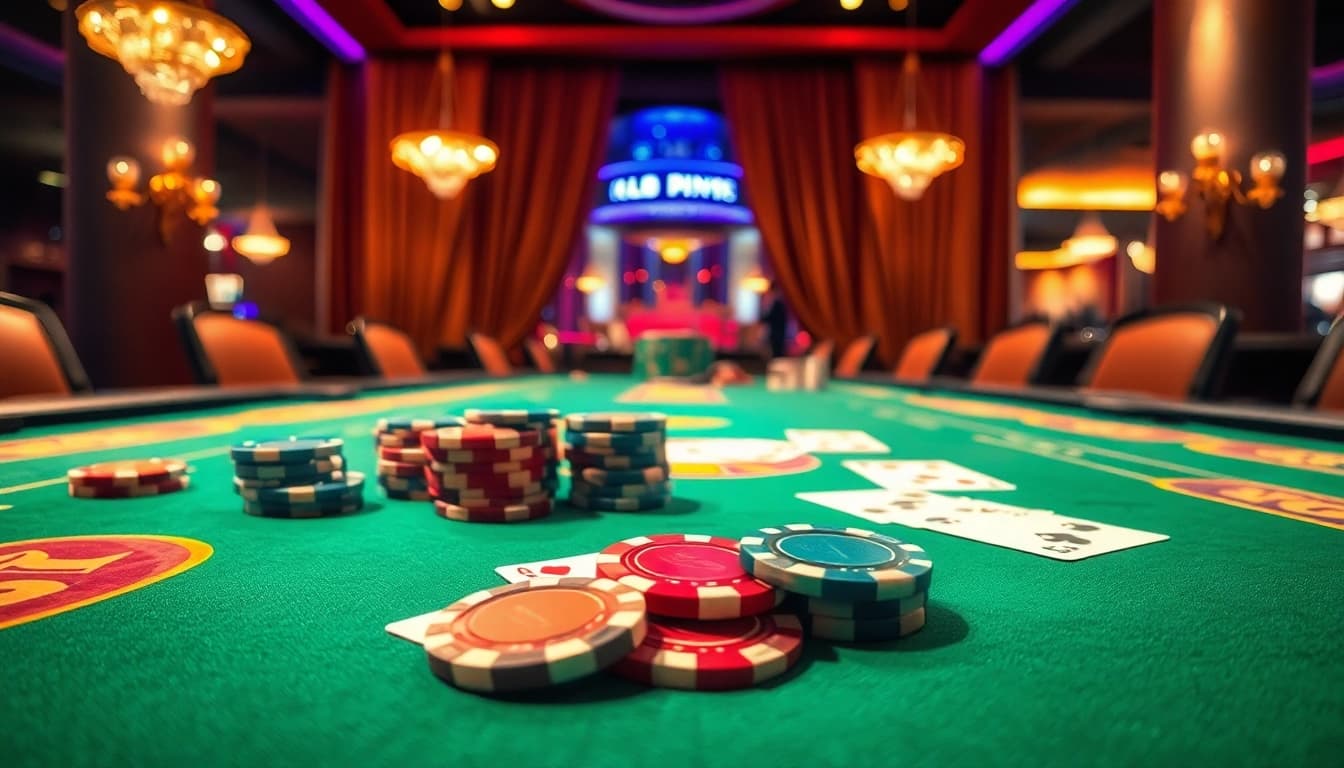 Experience thrilling casino bonuses with vibrant chips and cards on a gaming table.
