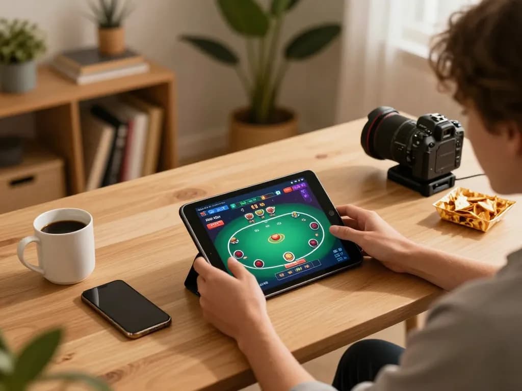 Xem đá gà trực tiếp HD trên một chiếc máy tính bảng trong một không gian chơi game ấm cúng với đồ ăn nhẹ và ánh sáng ấm áp.