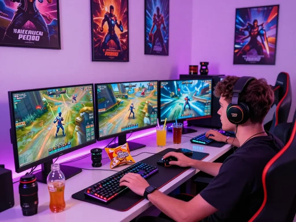Engaged gamer enjoying dewi100 online gaming experience in a vibrant setup.