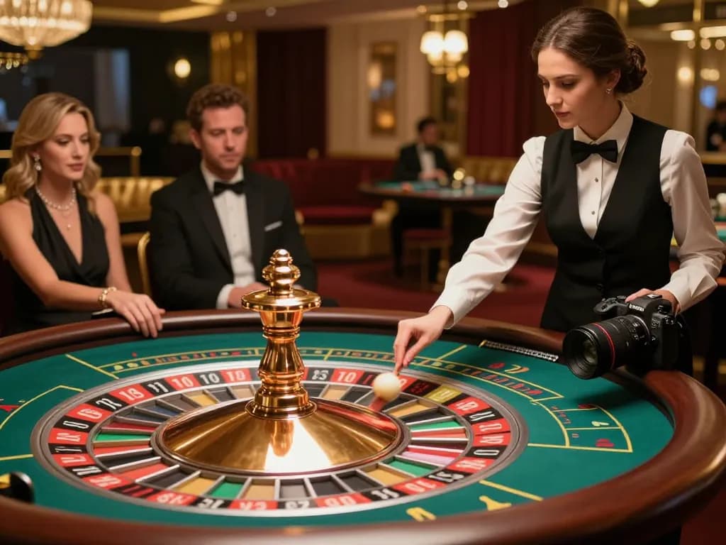 Pemain Bintangmpo dengan antusias terlibat dalam permainan roulette di meja kasino yang mewah, menampilkan sensasi berjudi.