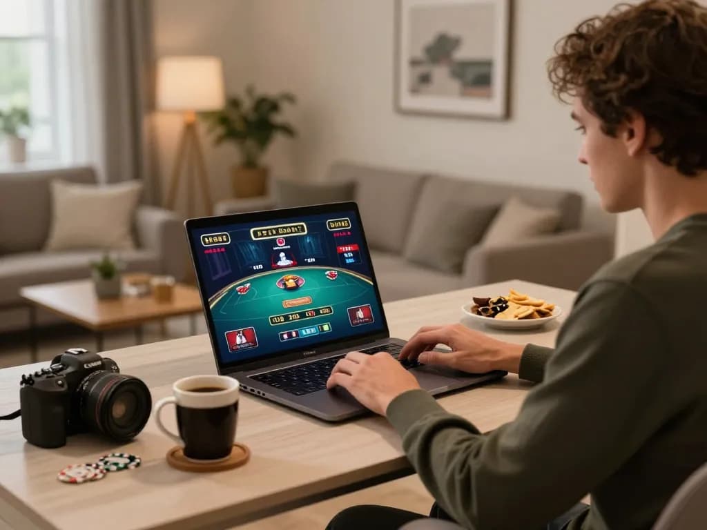 Player engaging in exciting online gaming at home with LV88SEO platform displayed on screen.