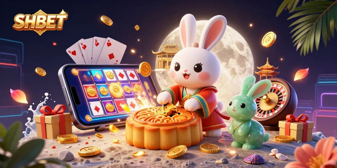SHBET features a dynamic scene of a moon rabbit revealing poker chips, with colorful slot games and festive casino elements.