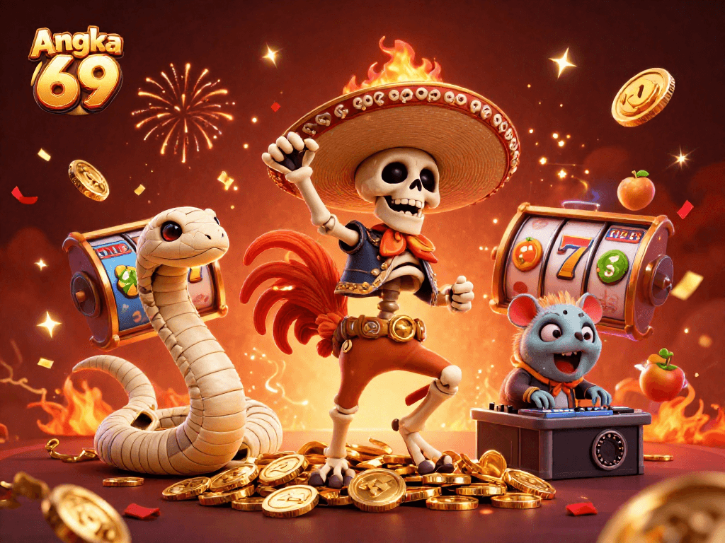 Engage in thrilling gaming action with Angka 69, featuring lively casino characters celebrating winnings.