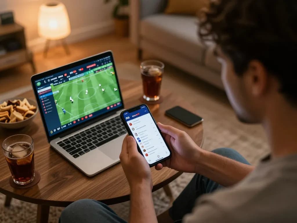 Engaged sports bettor using Nowgoal app for live match updates and betting strategies.