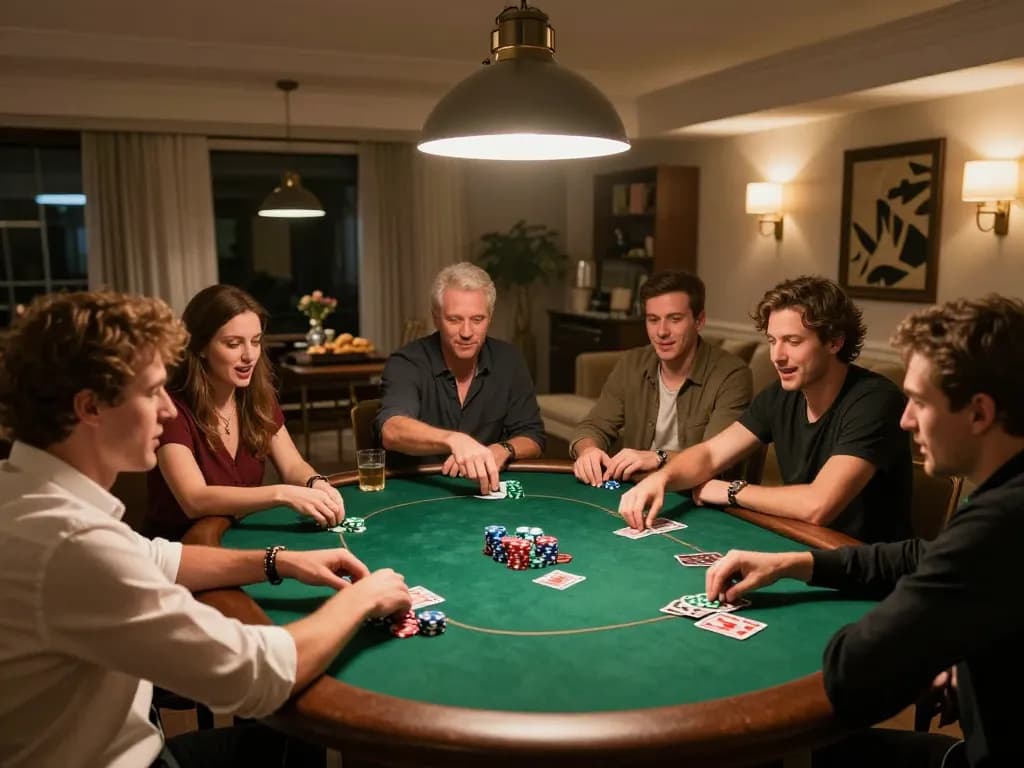 789 players engaged in an exciting home poker game, chips and cards creating an energetic atmosphere