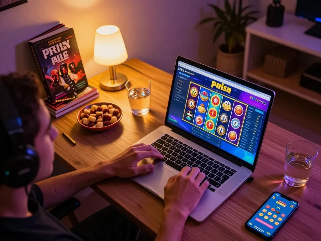 Berkelut dalam permainan slot pulsa yang strategis di laptop dengan suasana rumah yang nyaman